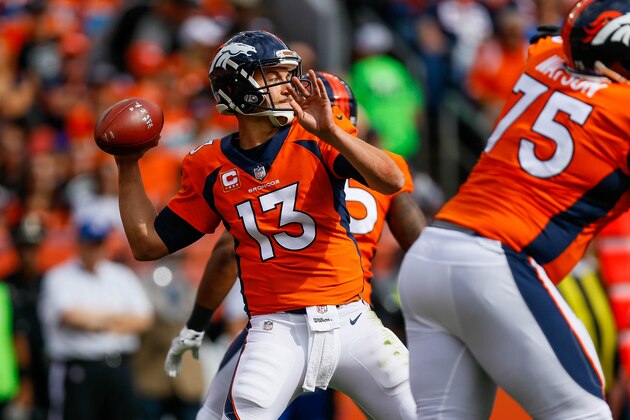 DENVER, CO - OCTOBER 1:  Quarterback Trevor Siemian #13 of the Denver Broncos passes against the Oakland Raiders in the first quarter of a game at Sports Authority Field at Mile High on October 1, 2017 in Denver, Colorado. (Photo by Justin Edmonds/Getty Images)