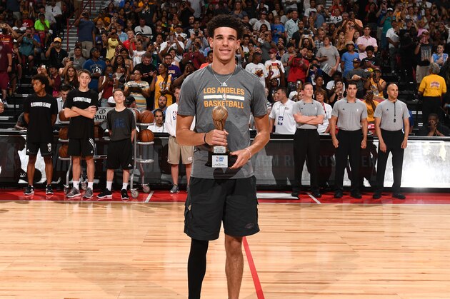 LAS VEGAS, NV - JULY 17: Lonzo Ball #2 of the Los Angeles Lakers receives the MGM Resorts NBA Summer League MVP Award before the game against the Portland Trail Blazers during the 2017 Summer League Finals on July 17, 2017 at the Thomas & Mack Center in Las Vegas, Nevada. NOTE TO USER: User expressly acknowledges and agrees that, by downloading and/or using this Photograph, user is consenting to the terms and conditions of the Getty Images License Agreement. Mandatory Copyright Notice: Copyright 2017 NBAE (Photo by Garrett Ellwood/NBAE via Getty Images)