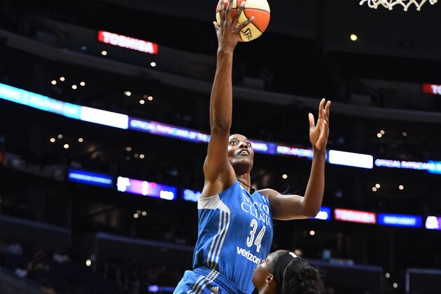 LOS ANGELES, CA - OCTOBER 1:  Sylvia Fowles #34 of the Minnesota Lynx shoots the ball against of the Los Angeles Sparks in Game Four of the 2017 WNBA Finals on October 1, 2017 at the STAPLES Center in Los Angeles, California. NOTE TO USER: User expressly acknowledges and agrees that, by downloading and or using this photograph, user is consenting to the terms and conditions of the Getty Images License Agreement. Mandatory Copyright Notice: Copyright 2017 NBAE (Photos by Juan Ocampo/NBAE via Getty Images)
