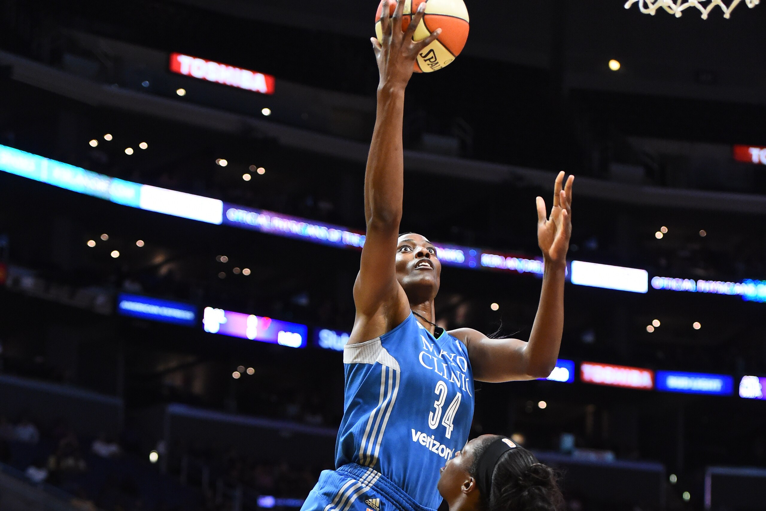 LOS ANGELES, CA - OCTOBER 1:  Sylvia Fowles #34 of the Minnesota Lynx shoots the ball against of the Los Angeles Sparks in Game Four of the 2017 WNBA Finals on October 1, 2017 at the STAPLES Center in Los Angeles, California. NOTE TO USER: User expressly acknowledges and agrees that, by downloading and or using this photograph, user is consenting to the terms and conditions of the Getty Images License Agreement. Mandatory Copyright Notice: Copyright 2017 NBAE (Photos by Juan Ocampo/NBAE via Getty Images)