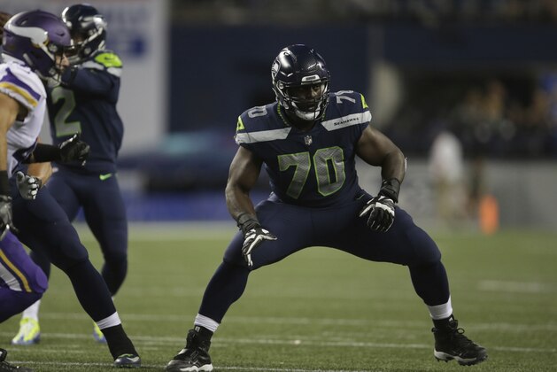Seattle Seahawks offensive guard Rees Odhiambo waits for the snap during an NFL football preseason game against the Minnesota Vikings, Friday, Aug. 18, 2017, in Seattle. (AP Photo/Scott Eklund)