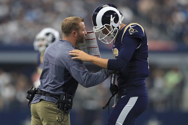 ARLINGTON, TX - OCTOBER 01:  Head coach Sean McVay of the Los Angeles Rams talks with Jared Goff #16 in the first half of a game against the Dallas Cowboys at AT&T Stadium on October 1, 2017 in Arlington, Texas.  (Photo by Ronald Martinez/Getty Images)