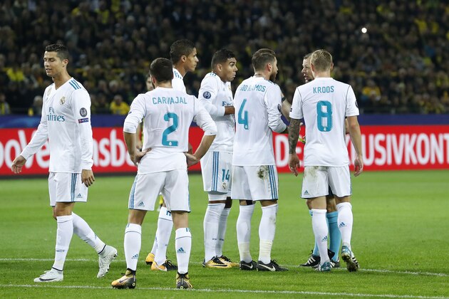 (L-R) Cristiano Ronaldo of Real Madrid, Daniel Carvajal of Real Madrid, Raphael Varane of Real Madrid, Casemiro of Real Madrid, Sergio Ramos of Real Madrid, referee Bjorn Kuipers, Toni Kroos of Real Madrid during the UEFA Champions League group H match between Borussia Dortmund and Real Madrid on September 26, 2017 at the Signal Iduna Park stadium in Dortmund, Germany.(Photo by VI Images via Getty Images)