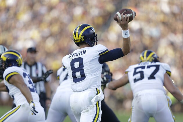 Michigan quarterback John O'Korn (8) throws against Purdue during the second half of an NCAA college football game in West Lafayette, Ind., Saturday, Sept. 23, 2017. Michigan defeated Purdue. (AP Photo/Michael Conroy)
