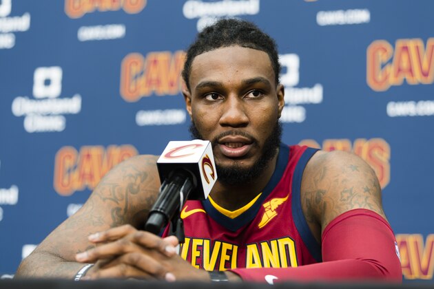 INDEPENDENCE, OH - SEPTEMBER 25: Jae Crowder #99 of the Cleveland Cavaliers speaks at Cleveland Clinic Courts on September 25, 2017 in Independence, Ohio. NOTE TO USER: User expressly acknowledges and agrees that, by downloading and/or using this photograph, user is consenting to the terms and conditions of the Getty Images License Agreement. (Photo by Jason Miller/Getty Images)