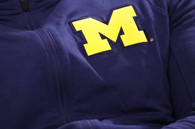 INDIANAPOLIS, IN - DECEMBER 03: Detailed view of the Michigan Wolverines logo and Air Jordan brand logo on the shirt of a fan during the Big Ten Championship game between the Penn State Nittany Lions and Wisconsin Badgers at Lucas Oil Stadium on December 3, 2016 in Indianapolis, Indiana. Penn State defeated Wisconsin 38-31. (Photo by Joe Robbins/Getty Images) *** Local Caption ***