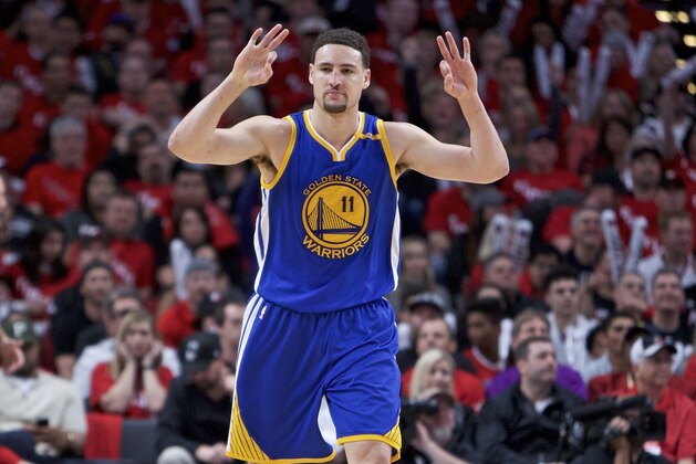 Golden State Warriors guard Klay Thompson reacts after making a three-point basket against the Portland Trail Blazers during the second half of Game 3 of an NBA basketball first-round playoff series Saturday, April 22, 2017, in Portland, Ore. (AP Photo/Craig Mitchelldyer)