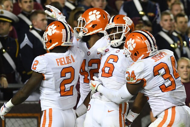 BLACKSBURG, VA - SEPTEMBER 30:  Dorian O'Daniel #6 of the Clemson Tigers celebrates after returning an interception for a touchdown during the fourth quarter against the Virginia Tech Hokies at Lane Stadium on September 30, 2017 in Blacksburg, Virginia.  (Photo by Michael Shroyer/Getty Images)