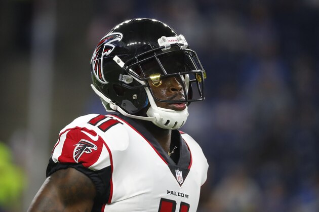 Atlanta Falcons wide receiver Julio Jones warms up before an NFL football game against the Detroit Lions in Detroit, Sunday, Sept. 24, 2017. Atlanta won 30-26. (AP Photo/Paul Sancya)