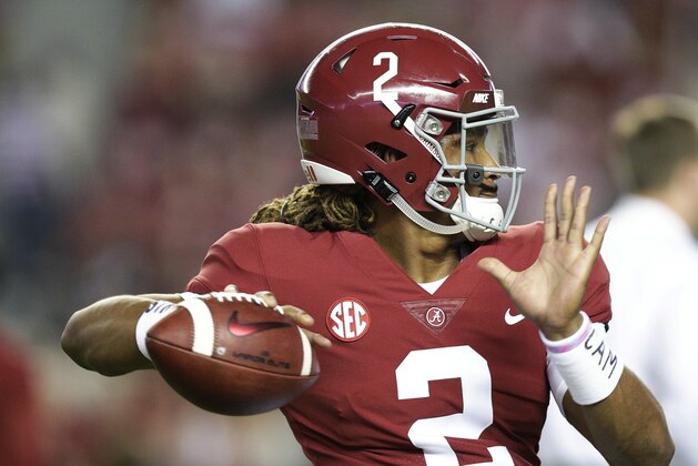 Alabama quarterback Jalen Hurts sets back to pass the ball before an NCAA college football game against Mississippi, Saturday, Sept. 30, 2017, in Tuscaloosa, Ala. (AP Photo/Brynn Anderson)
