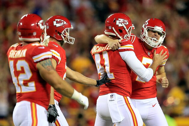 KANSAS CITY, MO - OCTOBER 02:  Kicker Harrison Butker #7 of the Kansas City Chiefs celebrates with long snapper James Winchester #41 after kicking the go-ahead field goal with 8 seconds remaining during the 4th quarter of the game against the Washington Redskins at Arrowhead Stadium on October 2, 2017 in Kansas City, Missouri.  (Photo by Brian Davidson/Getty Images)