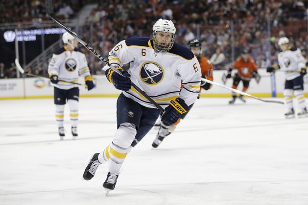 Buffalo Sabres' Cody Franson skates during the second period of an NHL hockey game against the Anaheim Ducks Friday, March 17, 2017, in Anaheim, Calif. (AP Photo/Jae C. Hong)