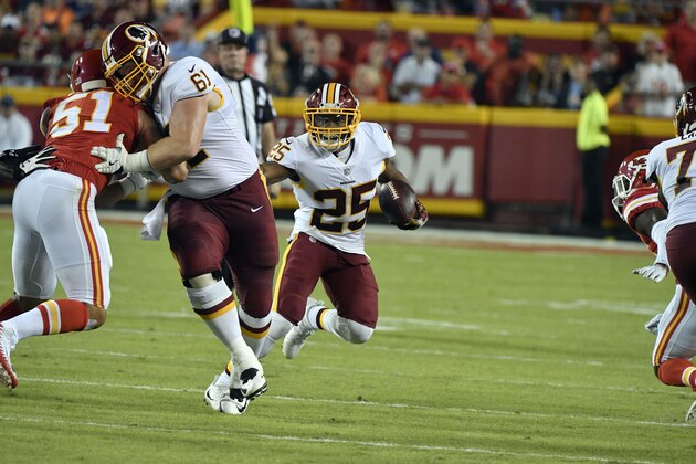 Washington Redskins running back Chris Thompson (25) carries the ball as center Spencer Long (61) blocks Kansas City Chiefs linebacker Frank Zombo (51) during the first half of an NFL football game in Kansas City, Mo., Monday, Oct. 2, 2017. (AP Photo/Ed Zurga)