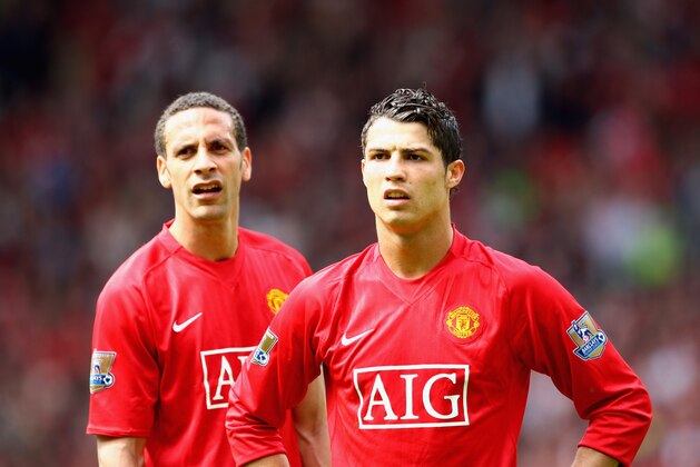 MANCHESTER, UNITED KINGDOM - MAY 03:  Cristiano Ronaldo (R) of Manchester United and team mate Rio Ferdinand react to Nani's sending off during the Barclays Premier League match between Manchester United and West Ham United at Old Trafford on May 3, 2008 in Manchester, England.  (Photo by Clive Mason/Getty Images)