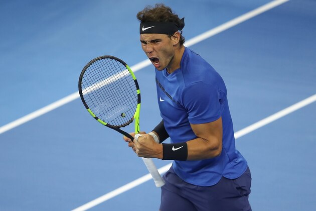 BEIJING, CHINA - OCTOBER 03:  Rafael Nadal of Spain celebrates a point against Lucas Pouille of France during the Men's singles first round on day four of 2017 China Open at the China National Tennis Centre on October 3, 2017 in Beijing, China.  (Photo by Lintao Zhang/Getty Images)