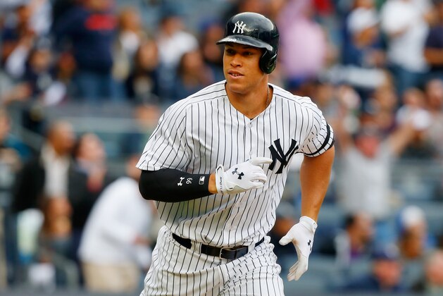 NEW YORK, NY - SEPTEMBER 30:  Aaron Judge #99 of the New York Yankees looks towards his dugout after hitting a fourth inning home run against the Toronto Blue Jays at Yankee Stadium on September 30, 2017 in the Bronx borough of New York City.  (Photo by Jim McIsaac/Getty Images)