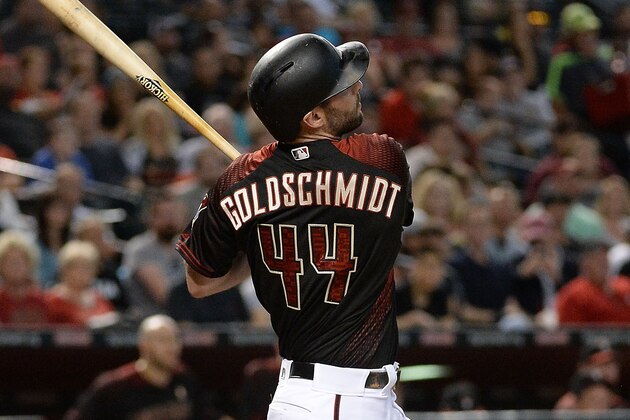 PHOENIX, AZ - SEPTEMBER 23:  Paul Goldschmidt #44 of the Arizona Diamondbacks hits a three-run home run in the third inning against the Miami Marlins at Chase Field on September 23, 2017 in Phoenix, Arizona.  (Photo by Jennifer Stewart/Getty Images)