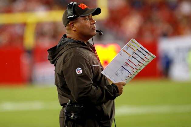 TAMPA, FL - AUGUST 26:  Head coach Hue Jackson of the Cleveland Browns looks on from the sidelines during the second quarter of an NFL preseason football game against the Tampa Bay Buccaneers on August 26, 2017 at Raymond James Stadium in Tampa, Florida. (Photo by Brian Blanco/Getty Images)