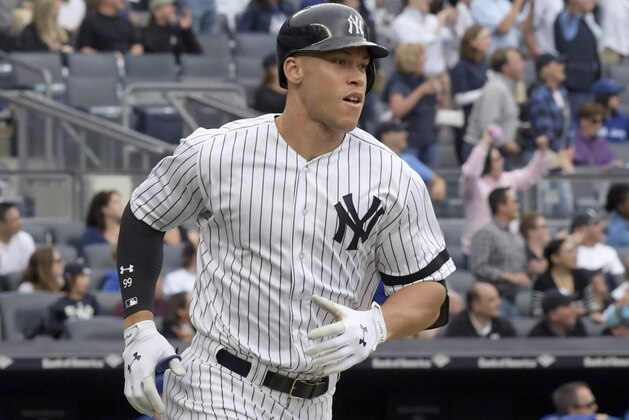 New York Yankees' Aaron Judge rounds the bases with a home run during the fourth inning of a baseball game against the Toronto Blue Jays, Saturday, Sept.30, 2017, at Yankee Stadium in New York. (AP Photo/Bill Kostroun)