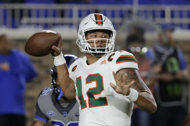 Miami quarterback Malik Rosier (12) looks to pass against Duke during the first half of an NCAA college football game in Durham, N.C., Friday, Sept. 29, 2017. (AP Photo/Gerry Broome)