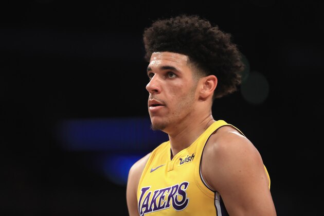 LOS ANGELES, CA - OCTOBER 02:  Lonzo Ball #2 of the Los Angeles Lakers looks on during the first half of a preseason game against the Denver Nuggets at Staples Center on October 2, 2017 in Los Angeles, California.  NOTE TO USER: User expressly acknowledges and agrees that, by downloading and or using this Photograph, user is consenting to the terms and conditions of the Getty Images License Agreement  (Photo by Sean M. Haffey/Getty Images)