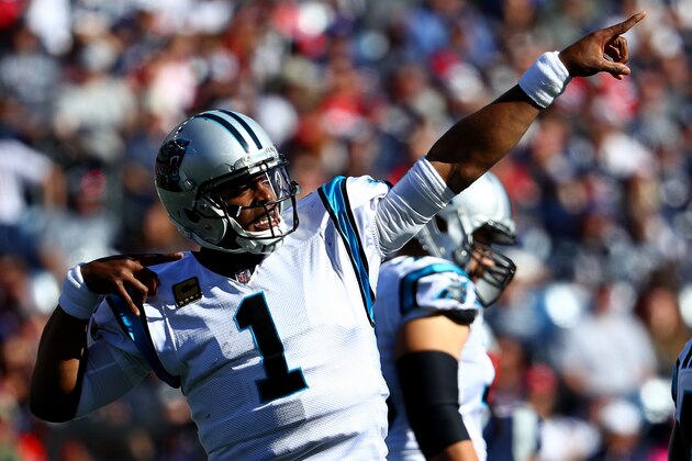 FOXBORO, MA - OCTOBER 1: Cam Newton #1 of the Carolina Panthers celebrates during the fourth quarter against the New England Patriots at Gillette Stadium on October 1, 2017 in Foxboro, Massachusetts.(Photo by Maddie Meyer/Getty Images)