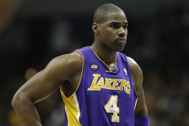 Los Angeles Lakers' Antawn Jamison  is shown in the first quarter of an NBA basketball game against the Minnesota Timberwolves Wednesday, March 27, 2013 in Minneapolis. (AP Photo/Jim Mone)
