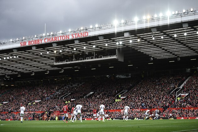 The Sir Bobby Charlton Stand is seen during the English Premier League football match between Manchester United and West Bromwich Albion at Old Trafford in Manchester, north west England, on April 1, 2017. / AFP PHOTO / Oli SCARFF / RESTRICTED TO EDITORIAL USE. No use with unauthorized audio, video, data, fixture lists, club/league logos or 'live' services. Online in-match use limited to 75 images, no video emulation. No use in betting, games or single club/league/player publications.  /         (Photo credit should read OLI SCARFF/AFP/Getty Images)