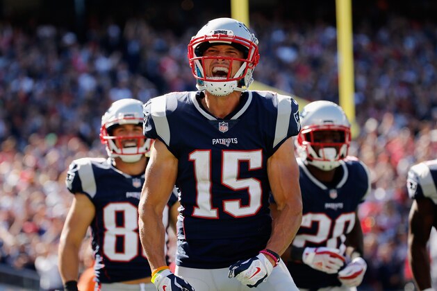 FOXBORO, MA - OCTOBER 01:  Chris Hogan #15 of the New England Patriots celebrates after making a 2-yard touchdown reception during the second quarter against the Carolina Panthers at Gillette Stadium on October 1, 2017 in Foxboro, Massachusetts.  (Photo by Jim Rogash/Getty Images)