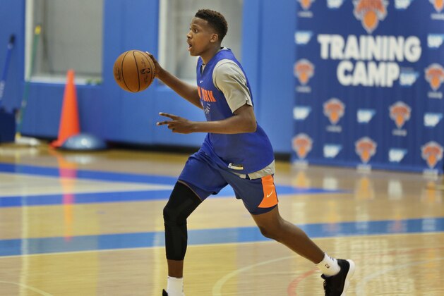 New York Knicks' Frank Ntilikina participates in a practice in Greenburgh, N.Y., Tuesday, Sept. 26, 2017. (AP Photo/Seth Wenig)