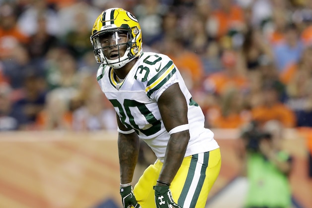 Green Bay Packers running back Jamaal Williams (30) lines up against the Denver Broncos during the first half of an NFL preseason football game, Saturday, Aug. 26, 2017, in Denver. (AP Photo/Joe Mahoney)
