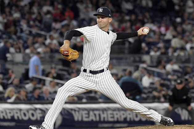 New York Yankees relief pitcher Chasen Shreve delivers the ball to the Boston Red Sox during the eighth inning of a baseball game Sunday, Sept.3, 2017, at Yankee Stadium in New York. (AP Photo/Bill Kostroun)