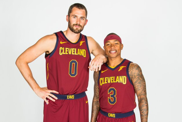 CLEVELAND, OH - SEPTEMBER 25: Kevin Love #0 and Isaiah Thomas #3 of the Cleveland Cavaliers pose for a portrait during the 2017-18 NBA Media Day on September 25, 2017 at Quicken Loans Arena in Cleveland, Ohio.  NOTE TO USER: User expressly acknowledges and agrees that, by downloading and or using this Photograph, user is consenting to the terms and conditions of the Getty Images License Agreement. Mandatory Copyright Notice: Copyright 2017 NBAE (Photo by Michael J. LeBrecht II/NBAE via Getty Images)