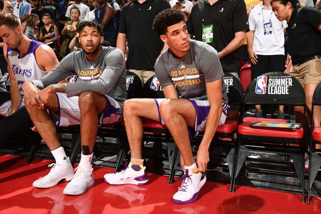LAS VEGAS, NV - JULY 7:  Lonzo Ball #2 of the Los Angeles Lakers puts on his shoes against the Los Angeles Clippers on July 7, 2017 at the Thomas & Mack Center in Las Vegas, Nevada. NOTE TO USER: User expressly acknowledges and agrees that, by downloading and/or using this Photograph, user is consenting to the terms and conditions of the Getty Images License Agreement. Mandatory Copyright Notice: Copyright 2017 NBAE (Photo by Garrett Ellwood/NBAE via Getty Images)