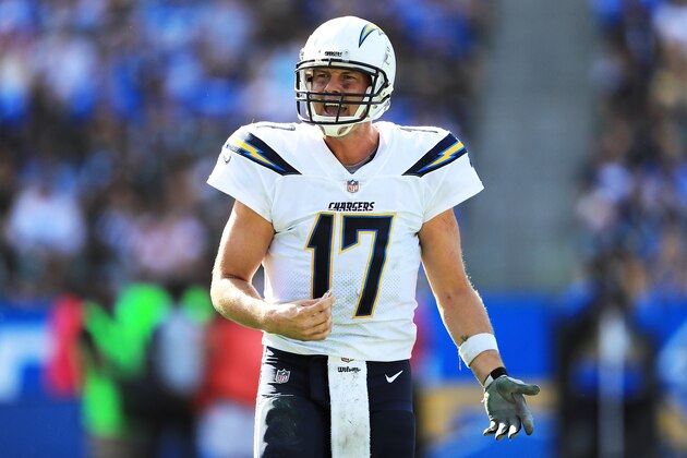 CARSON, CA - OCTOBER 01:  Philip Rivers #17 of the Los Angeles Chargers reacts during the game against the Philadelphia Eagles at StubHub Center on October 1, 2017 in Carson, California.  (Photo by Sean M. Haffey/Getty Images)