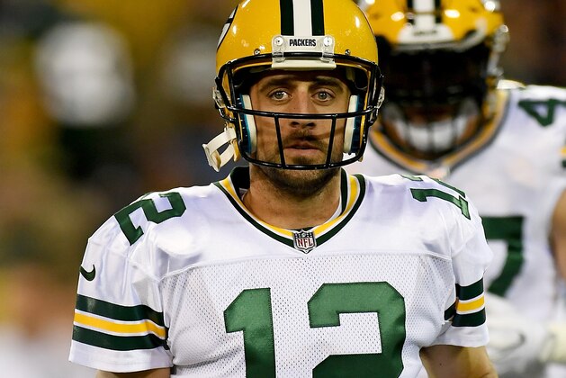 GREEN BAY, WI - SEPTEMBER 28:  Aaron Rodgers #12 of the Green Bay Packers warms up before the game against the Chicago Bears at Lambeau Field on September 28, 2017 in Green Bay, Wisconsin. (Photo by Stacy Revere/Getty Images)