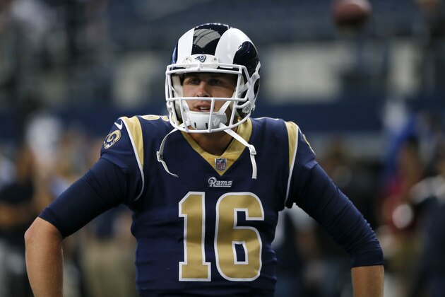 Los Angeles Rams' Jared Goff (16) participates in warm ups before an NFL football game against the Dallas Cowboys o, Sunday, Oct. 1, 2017, in Arlington, Texas. (AP Photo/Roger Steinman)