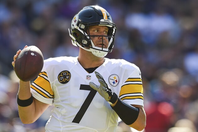 Pittsburgh Steelers quarterback Ben Roethlisberger (7) looks for a open man during the second half of an NFL football game against the Baltimore Ravens in Baltimore, Sunday, Oct. 1, 2017. (AP Photo/Gail Burton)
