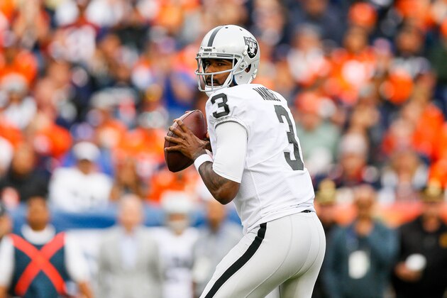 DENVER, CO - OCTOBER 1:  Quarterback EJ Manuel #3 of the Oakland Raiders sets to pass against the Denver Broncos in the third quarter of a game at Sports Authority Field at Mile High on October 1, 2017 in Denver, Colorado. (Photo by Justin Edmonds/Getty Images)