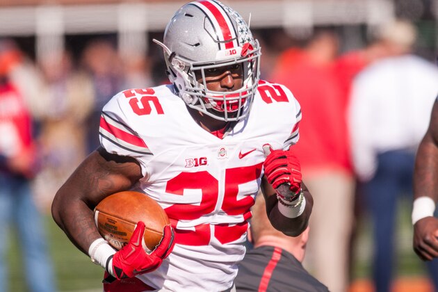 FILE - In this Nov. 14, 2015, file photo, Ohio State running back Bri'onte Dunn (25) warms up before an NCAA college football game against Illinois at Memorial Stadium in Champaign, Ill. Ohio State says its most experienced running back has been kicked off the team for violating the rules. Coach Urban Meyer said in a statement that fifth-year senior Bri'onte Dunn has been dismissed for violating team rules. (AP Photo/Bradley Leeb, File)