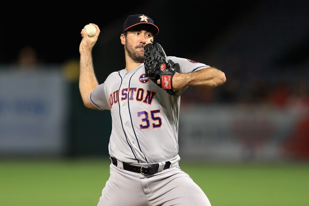 ANAHEIM, CA - SEPTEMBER 12:  Justin Verlander #35 of the Houston Astros pitches during the first  inning of a game against the Los Angeles Angels of Anaheim at Angel Stadium of Anaheim on September 12, 2017 in Anaheim, California.  (Photo by Sean M. Haffey/Getty Images)