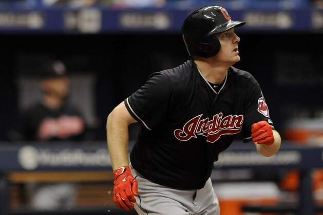 Cleveland Indians' Jay Bruce watches his RBI-double to center off Tampa Bay Rays starter Austin Pruitt during the fourth inning of a baseball game ,Sunday, Aug. 13, 2017, in St. Petersburg, Fla. (AP Photo/Steve Nesius)