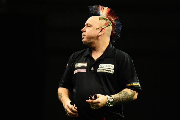 EXETER, UNITED KINGDOM - MARCH 02: Peter Wright looks on during Night Five of the Betway Premier League Darts at Westpoint Arena on March 2, 2017 in Exeter, England. (Photo by Harry Trump/Getty Images)