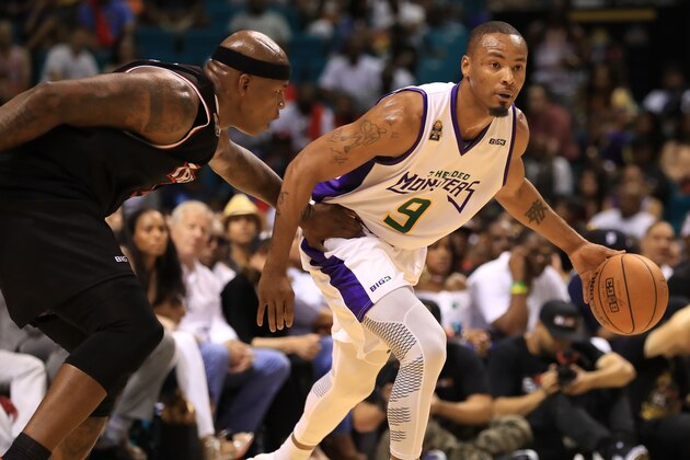 LAS VEGAS, NV - AUGUST 26:  Al Harrington #3 of Trilogy and Rashard Lewis #9 of 3 Headed Monsters during the BIG3 three on three basketball league championship game on August 26, 2017 in Las Vegas, Nevada.  (Photo by Sean M. Haffey/BIG3/Getty Images)