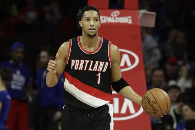 Portland Trail Blazers' Evan Turner in action during an NBA basketball game against the Philadelphia 76ers, Friday, Jan. 20, 2017, in Philadelphia. (AP Photo/Matt Slocum)