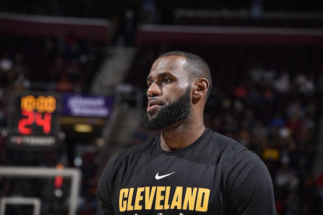 CLEVELAND, OH - OCTOBER 2:  LeBron James #23 of the Cleveland Cavaliers warms up before the open practice on October 2, 2017 at Quicken Loans Arena in Cleveland, Ohio. NOTE TO USER: User expressly acknowledges and agrees that, by downloading and/or using this Photograph, user is consenting to the terms and conditions of the Getty Images License Agreement. Mandatory Copyright Notice: Copyright 2017 NBAE (Photo by David Liam Kyle/NBAE via Getty Images)