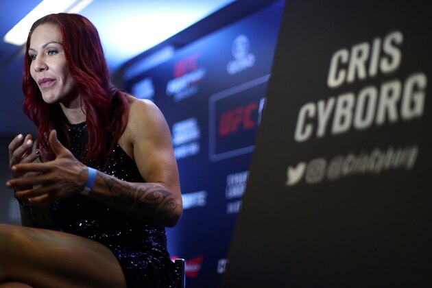 BRASILIA, BRAZIL - SEPTEMBER 22: Catchweight contender Cris Cyborg Justino of Brazil speaks to the media during Ultimate Media Day at Windsor Brasilia Hotel on September 22, 2016 in Brasilia, Brazil. (Photo by Buda Mendes/Zuffa LLC/Zuffa LLC via Getty Images)
