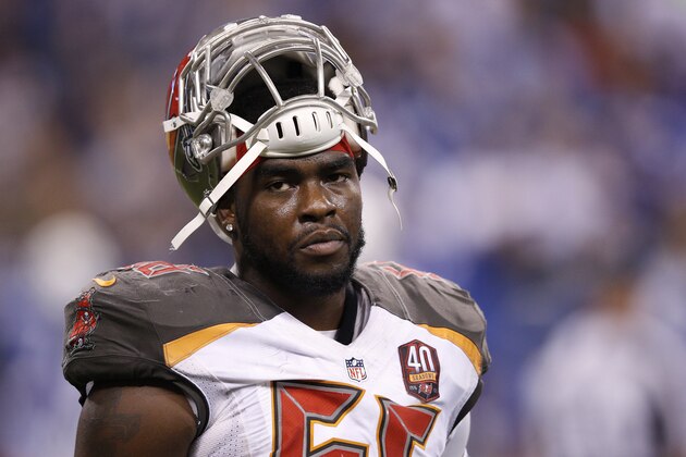 INDIANAPOLIS, IN - NOVEMBER 29: Jacquies Smith #56 of the Tampa Bay Buccaneers looks on against the Indianapolis Colts during the game at Lucas Oil Stadium on November 29, 2015 in Indianapolis, Indiana. The Colts defeated the Bucs 25-12. (Photo by Joe Robbins/Getty Images)
