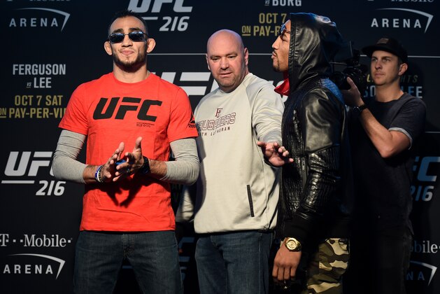 LAS VEGAS, NV - OCTOBER 04:  (L-R) Tony Ferguson and Kevin Lee face off during the UFC 216 Ultimate Media Day on October 4, 2017 in Las Vegas, Nevada. (Photo by Brandon Magnus/Zuffa LLC/Zuffa LLC via Getty Images)