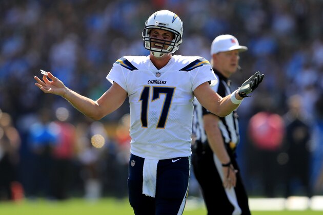 CARSON, CA - OCTOBER 01:  Philip Rivers #17 of the Los Angeles Chargers gestures to officials during the first half of a game against the Philadelphia Eagles  at StubHub Center on October 1, 2017 in Carson, California.  (Photo by Sean M. Haffey/Getty Images)